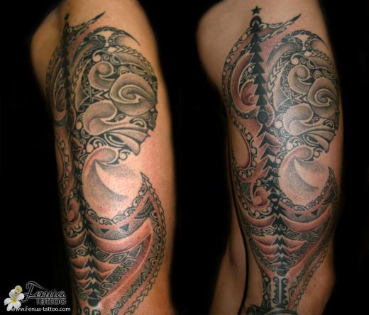 1b°) jambe tatoue en polynesien et points